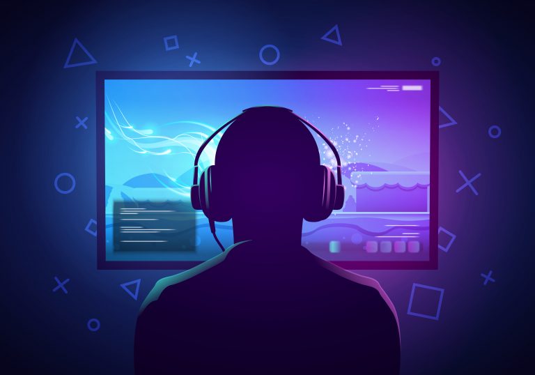 Vektor-Illustration Gamer sitzen mit Kopfhörern vor einem Bildschirm und spielt Videospiel