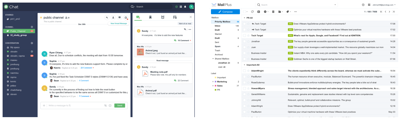 Synology Benutzeroberfläche Chat und MailPlus