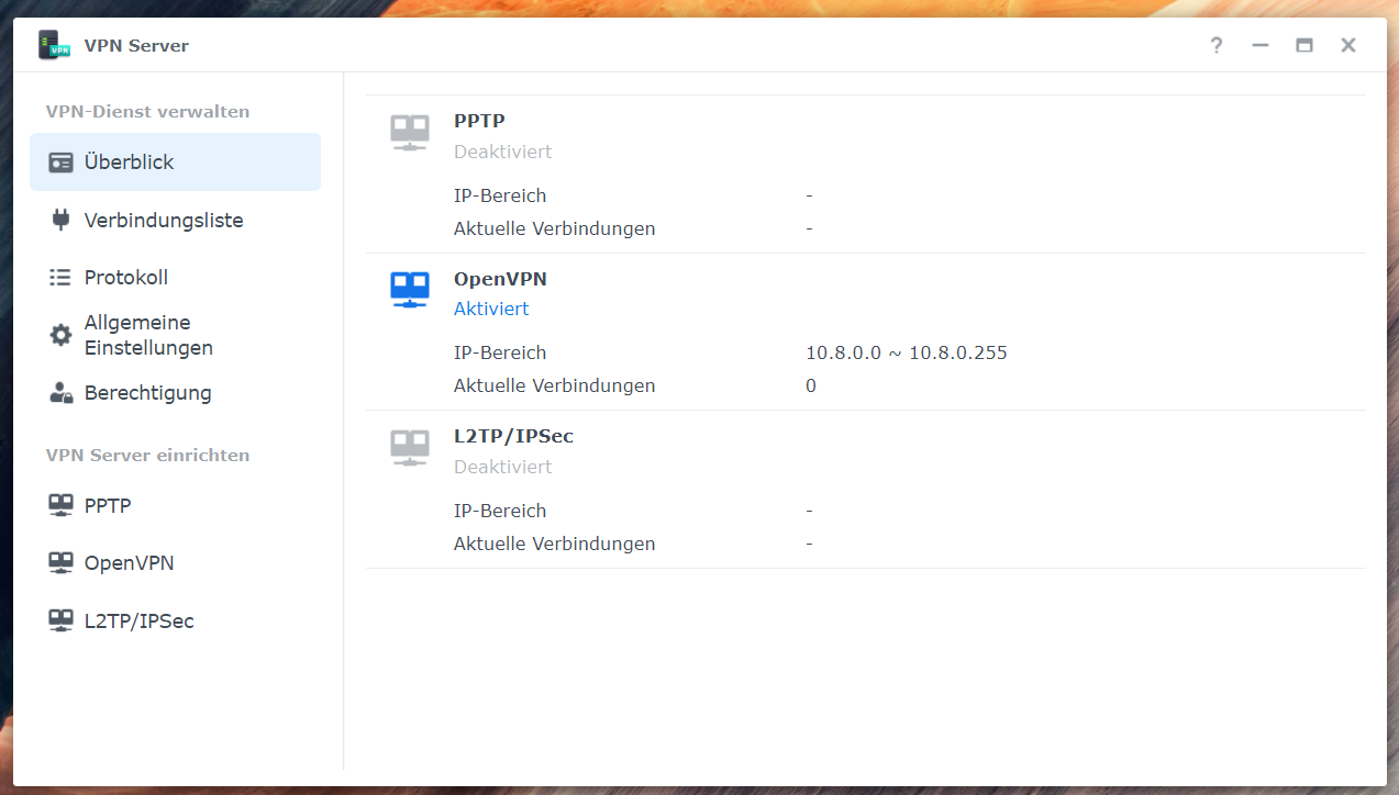 Screenshot von der App VPN Server in der Synology Benutzeroberfläche DSM