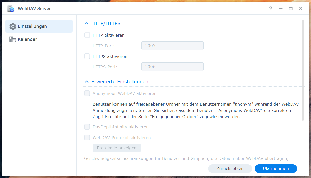 Screenshot von der App WebDAV Server in der Synology Benutzeroberfläche DSM