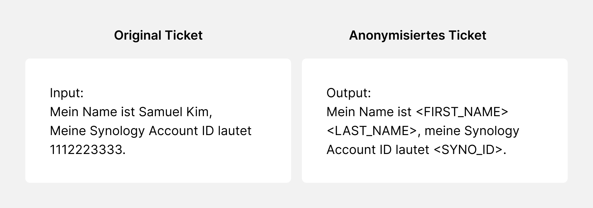 Beispielbild: Synology Kundenticket vor dem De-Identifizierungsprozess vs. danach, anonym, ohne persönliche Details. 