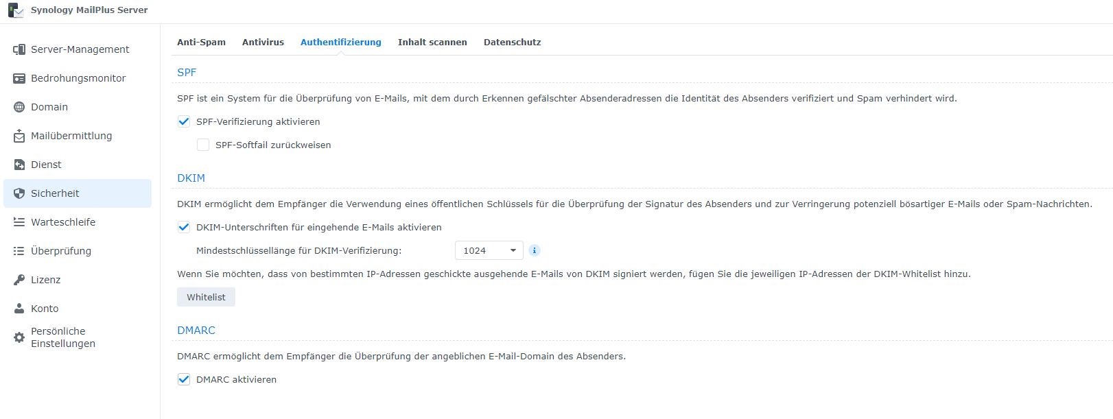 Abbildung 4: Synology MailPlus: DKIM können direkt über das Hauptmenü eingerichtet werden - ohne Drittanbieteranwendung