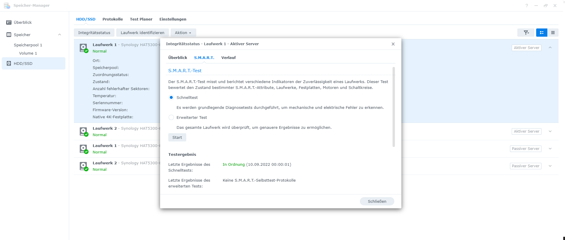 Screenshot - Synology Speicher-Manager - SMART Test für HDD, SDD durchführen