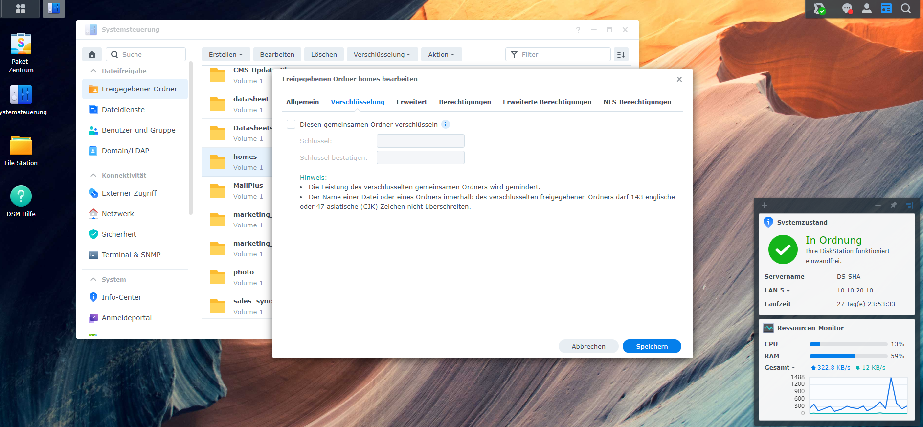 Screenshot - Synology Systemsteuerung freigegebene Ordner verschlüsseln und Datensicherheit gewährleisten