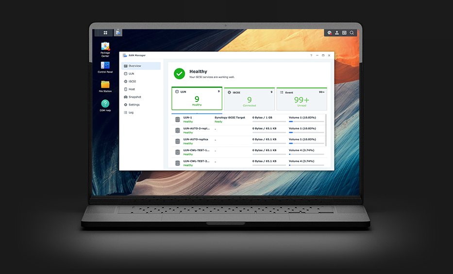 Synology SAN Manager Benutzeroberfläche auf Laptop