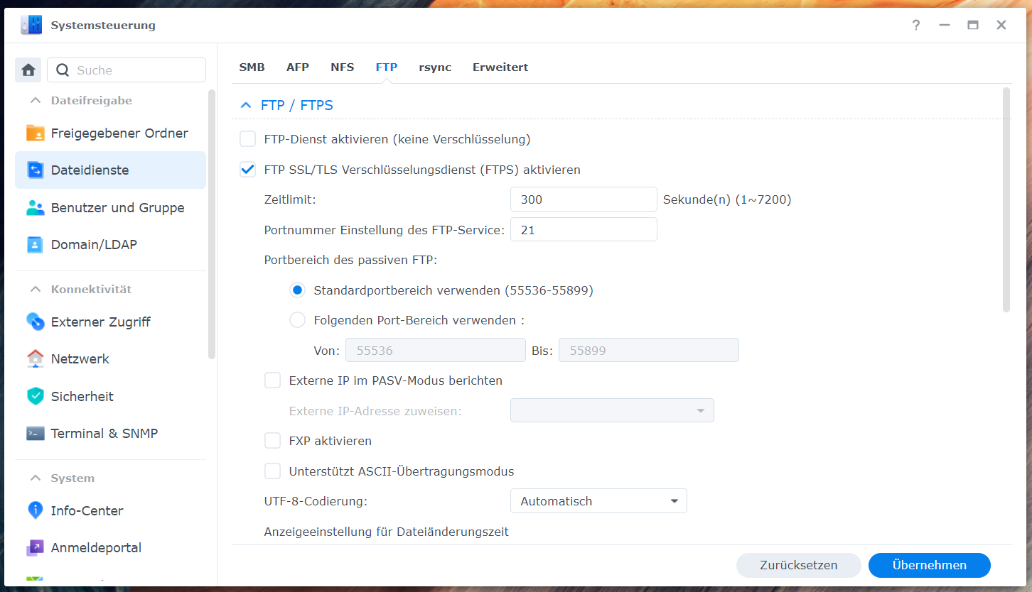 Screenshot der Synology Benutzeroberfläche DSM, Bereich Systemeinstellungen Screenshot der Synology Benutzeroberfläche DSM, Bereich Systemeinstellungen