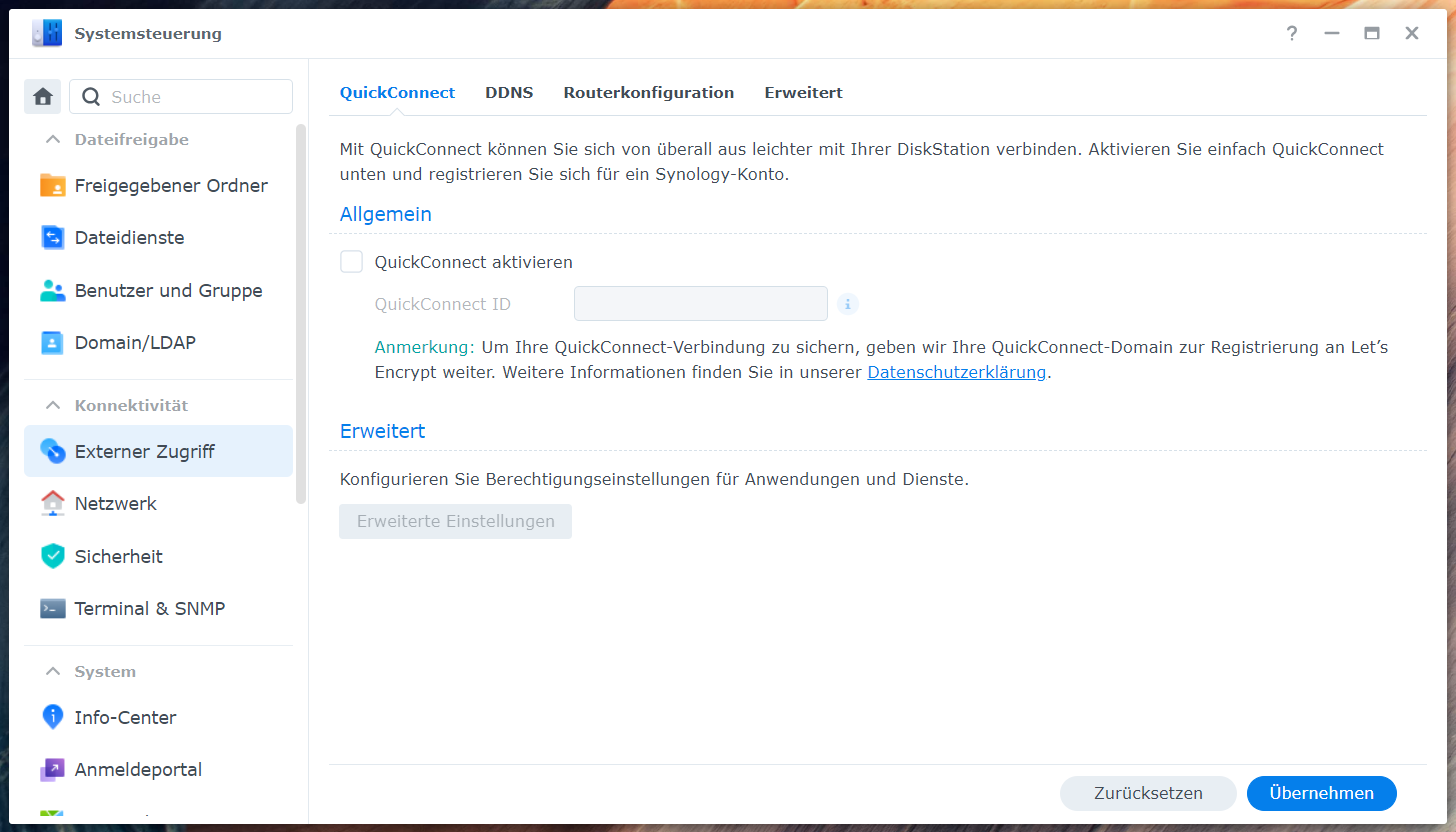 Screenshot der Synology Benutzeroberfläche DSM, Bereich Systemeinstellungen, Externer Zugriff, QuickConnect Screenshot der Synology Benutzeroberfläche DSM, Bereich Systemeinstellungen, Externer Zugriff, QuickConnect
