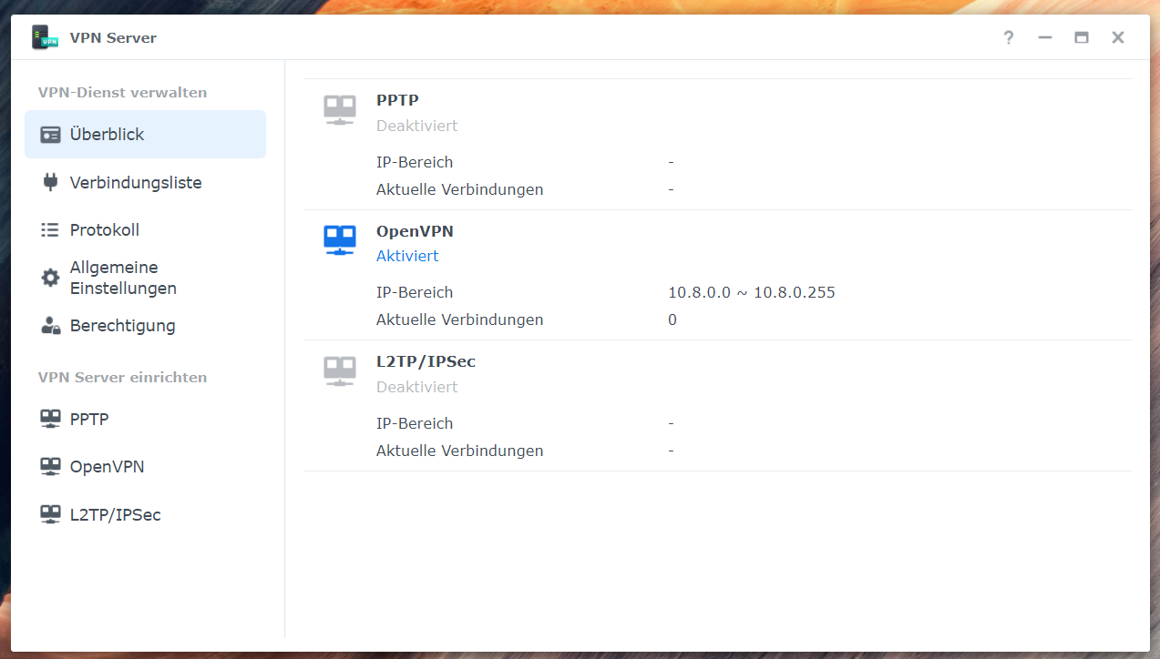 Screenshot von der App VPN Server in der Synology Benutzeroberfläche DSM Screenshot von der App VPN Server in der Synology Benutzeroberfläche DSM