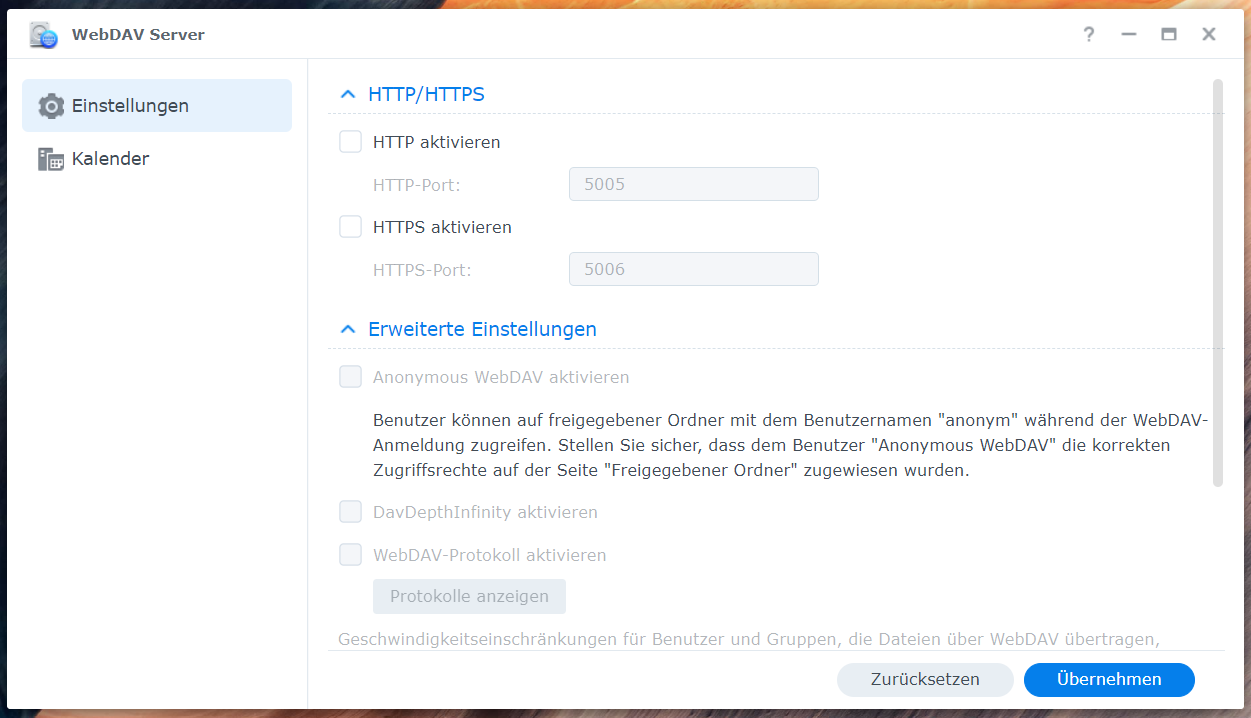 Screenshot von der App WebDAV Server in der Synology Benutzeroberfläche DSM Screenshot von der App WebDAV Server in der Synology Benutzeroberfläche DSM