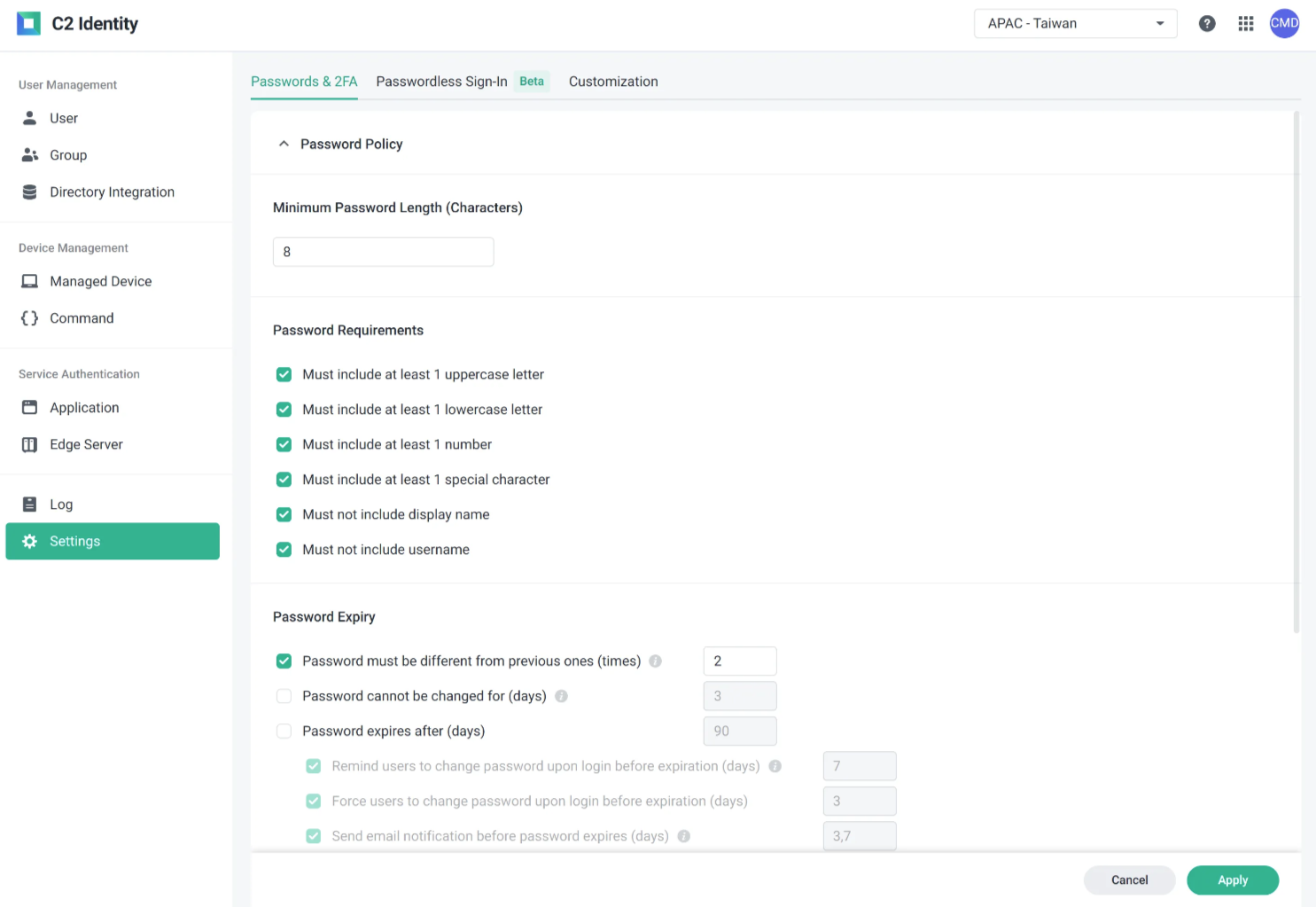 Synology C2 Identity Interface -Passwortregeln, 2FA einstellen